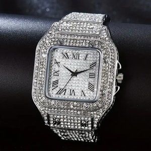 Classic Big Dial Square Cool Hip Hop Style Men's Watch with Stones Silver Tone